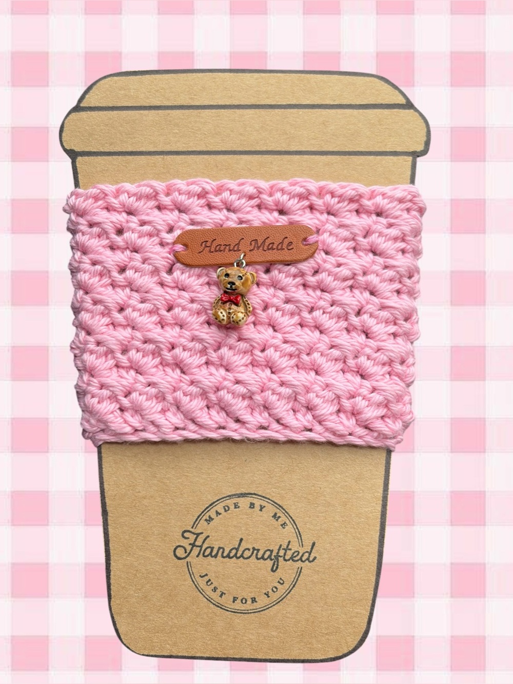 Handmade Pink Crochet  Cup Cozy with Bear Charm🎀🧸